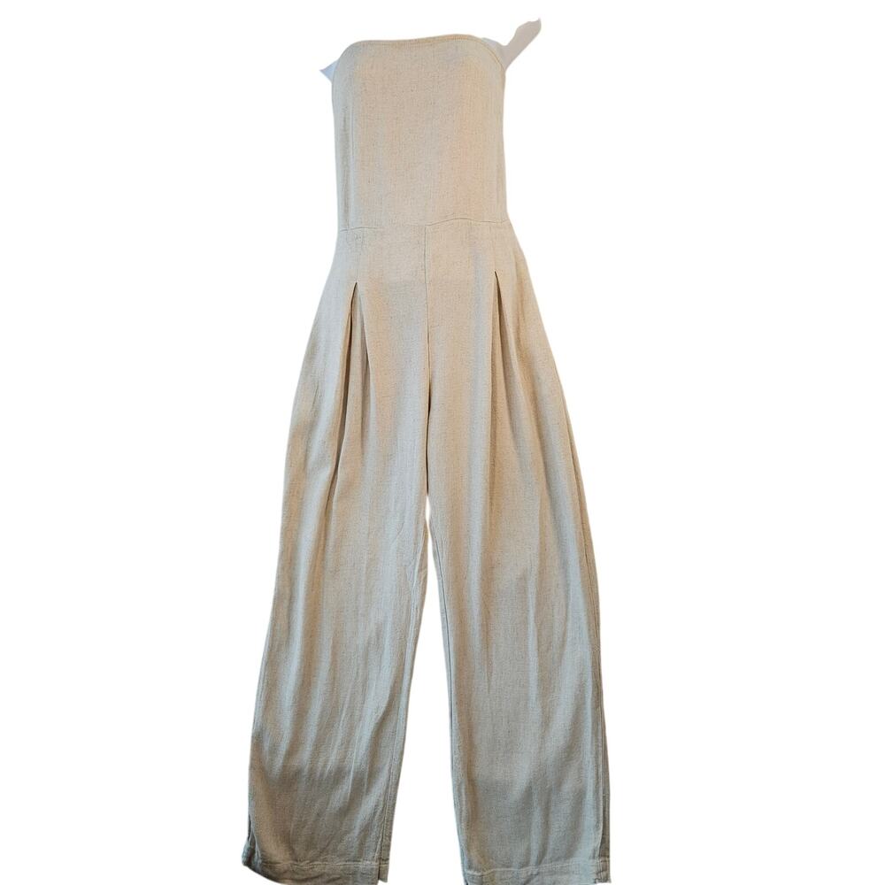 Pampelone Beige Linen Cotton Blend Strapless Jumpsuit Jumper Large Minimalist